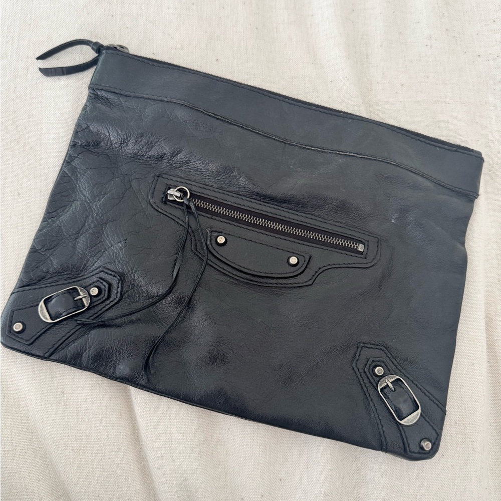 Balenciaga black leather clutch